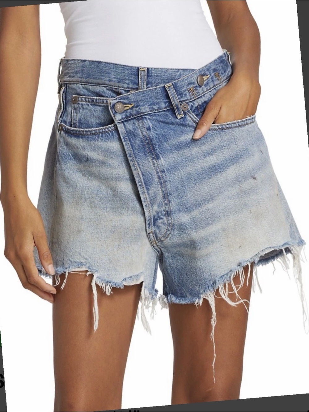 R13 Light Blue Asymmetrical Button Fly Distressed Denim Shorts its new